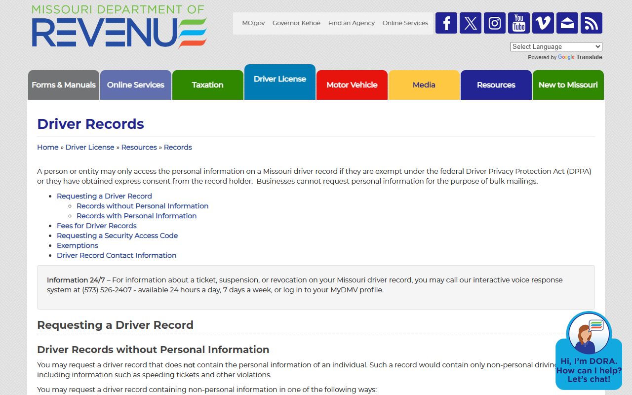 Wayne County traffic court records Missouri DOR driver records