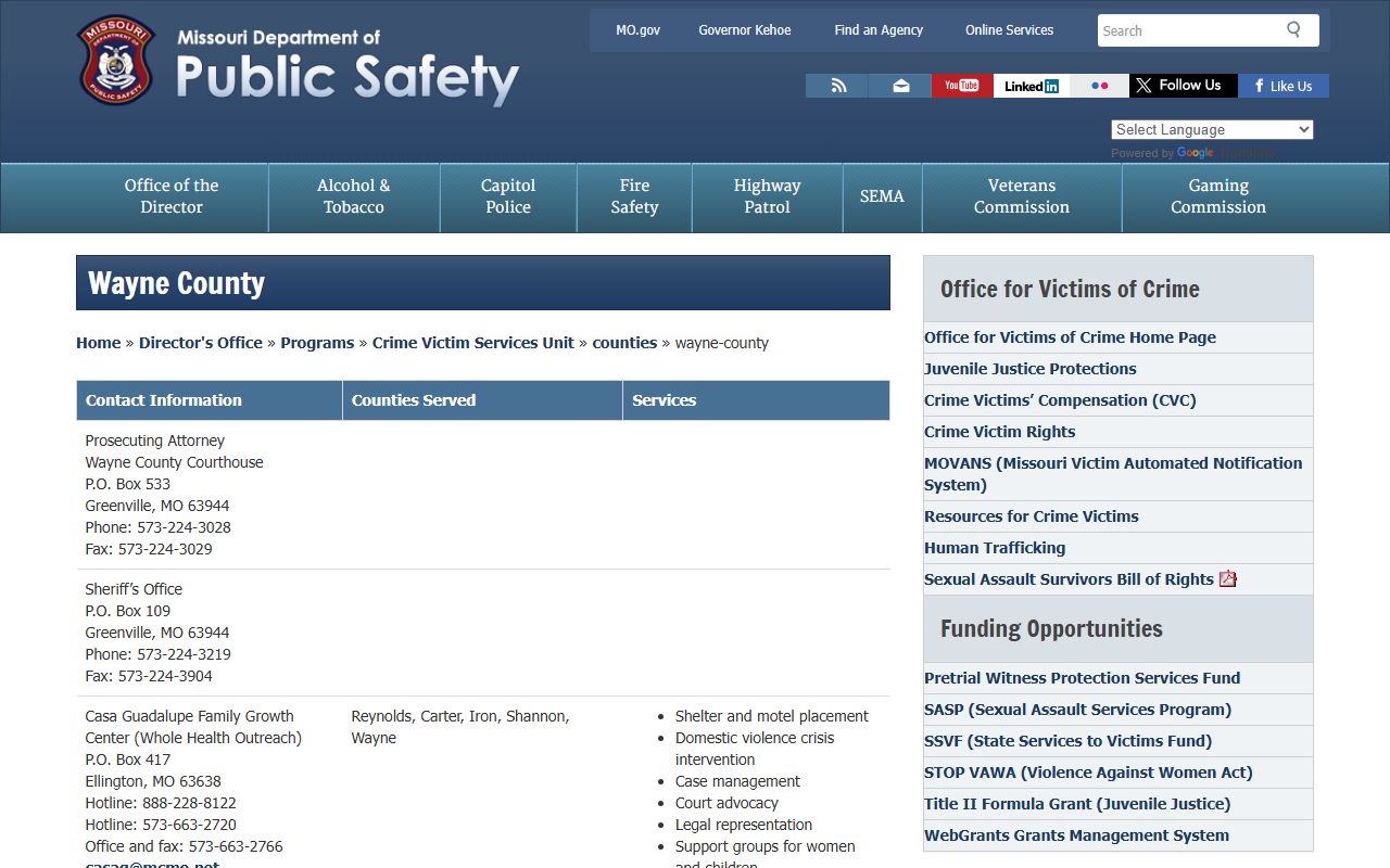 Wayne County warrant records Missouri DPS victim services directory